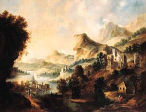 An extensive Rhenish landscape with an elegant couple and travellers on a path above a valley