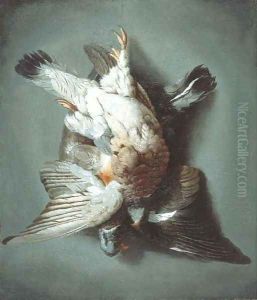 A brace of woodpigeon hanging from a string against a wall by Jacob Biltius