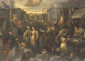 A street market with townsfolk dressed for carnival