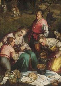 Farm hands eating with harvesters beyond