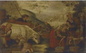 Figures milking a goat and tending to farm animals by Jacopo Bassano (Jacopo da Ponte)