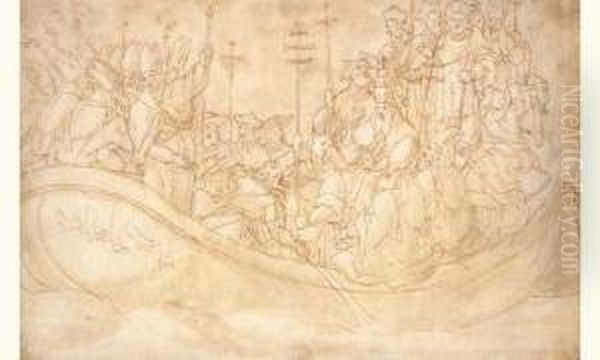 Un Pape Entoure D'eveques Et De Cardinaux Sur Une Barque - view 1