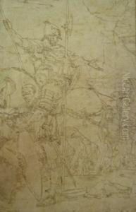Group Of Soldiers, One On A Horse, Fragment, , Part Male Nude Study by Giovanni B. (Il Genvovese) Castello