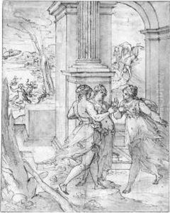 Three Women Under A Portico, With Jupiter As A Swan Flying Towardsleda