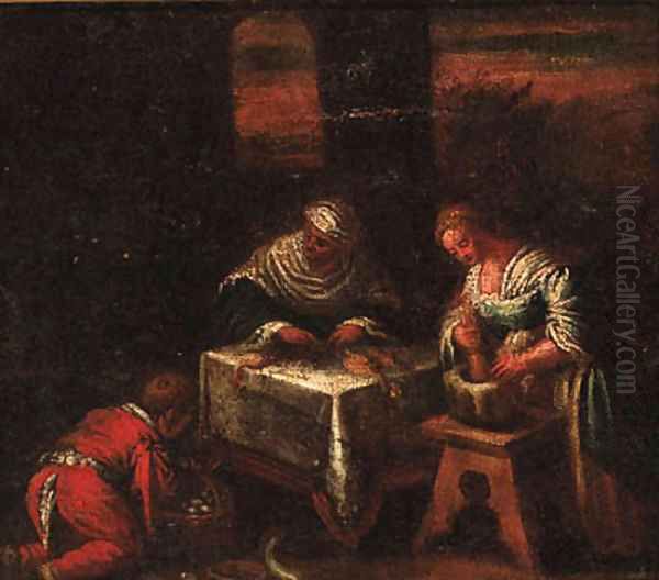 Servants preparing food in a parlour; and A nobleman being waited on at a table - view 1