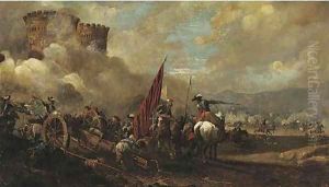A cavalry and artillery battle before a fort by Jacques Courtios, Il Borgognone