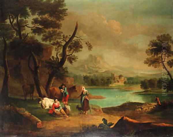 A drover with cattle and a traveller resting in a river landscape - view 1