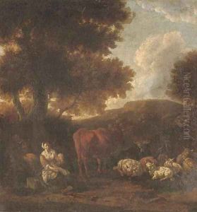 A wooded landscape with herdsmen and cattle resting by Jan Van Der Bent