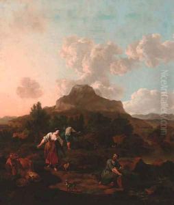 A rocky Italianate landscape with harvesters, cattle, and a dog by a stream by Jan Van Der Bent