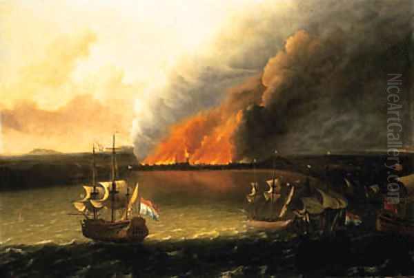 Dutch Men-of-War pursuing a British Man-of-War, a town burning beyond, possibly the Dutch raid on Chatham in 1667 - view 1