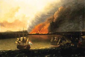 Dutch Men-of-War pursuing a British Man-of-War, a town burning beyond, possibly the Dutch raid on Chatham in 1667 by Ludolf Backhuyzen