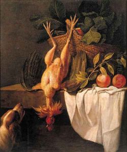 A spaniel watching a dead cockerell hanging from a basket