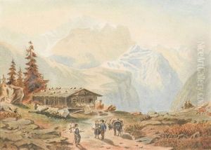 Gebirgslandschaft Mit Chalet Und Figurenstaffage. by Edouard Castres