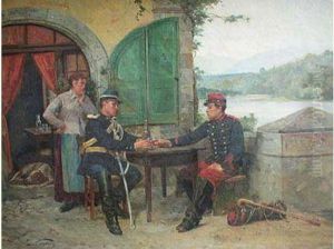 Scene D'auberge Avec Deux Militaires Francais Et Une Vue Du Fort Del'ecluse by Edouard Castres