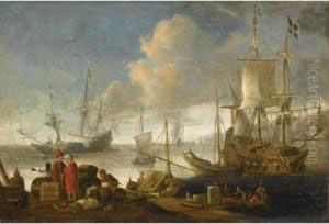 A Mediterranean Harbour Scene, With Merchants Trading On The Quay, And Ships Beyond by Lorenzo A. Castro