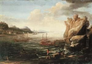 A Mediterranean Coastal
Landscape With Fishermen Mooring Theirboats In The Foreground And
Levantine Galleys Beyond by Lorenzo A. Castro