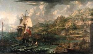 A Capriccio Of A Mediterranean 
Harbour With A British Man-o-war Anda Galley And Numerous Figures On A 
Quay