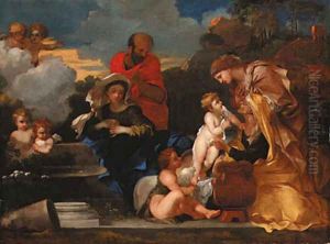 The Holy Family with the infant Saint John the Baptist and Saints Anne and Elizabeth by Sebastien Bourdon