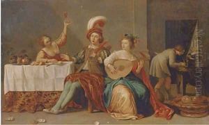 Elegant company playing music and merrymaking in an interior by Willem Bartsius