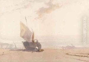 A beached fishing vessel at low tide by William Roxby Beverly