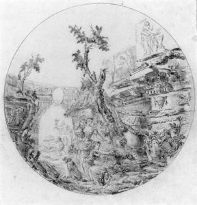 A classical capriccio of ruins with washerwomen playing with children