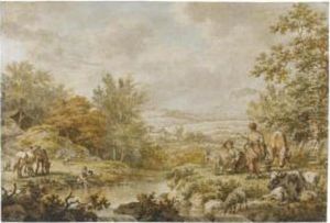 A River Landscape With Farm Animals Grazing And Two Milk Maids