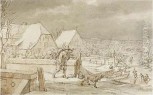 Winter Landscape, With A Woodcutter And His Dog Crossing A Bridge