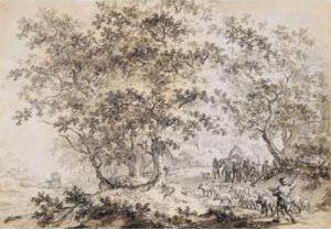 Paysage De Foret Avec Paysan Et Son Troupeau De Cochons