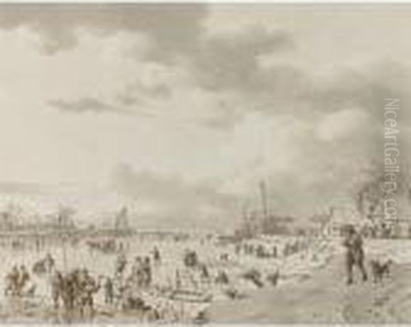 An Extensive Winter Landscape,
With Figures On A Frozen River Leading To Open Water In The Distance - view 1