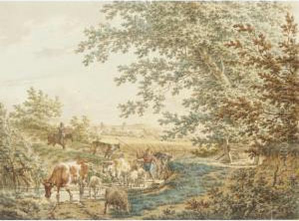 A Wooded Landscape With A Boy
Driving Cattle And Sheep Through A Stream, The Ruins Of Brederode Castle
In The Distance by Jacob Cats