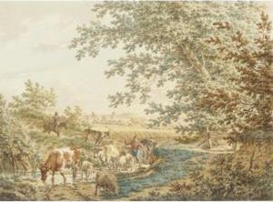 A Wooded Landscape With A Boy
Driving Cattle And Sheep Through A Stream, The Ruins Of Brederode Castle
In The Distance by Jacob Cats
