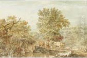 A Wooded Landscape With A Milkmaid Escorting Her Herd Of Animals Across A River by Jacob Cats