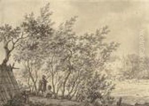 Two Figures In A Copse Watching A Bird Trap, A Castle Beyond
