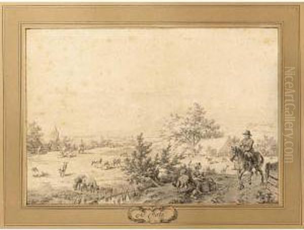 A Hilly Landscape With A Rider In The Foreground And Sheep In The Meadows - view 1