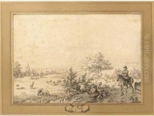 A Hilly Landscape With A Rider In The Foreground And Sheep In The Meadows by Jacob Cats