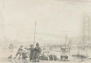 Figures Skating And Transporting Produce On A Frozen River, Awalled Town Beyond Figures Skating And Transporting Produce On A Frozen River, Awalled Town Beyond