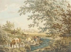 Cattle At A Pond In A Landscape;
 And A Woman With Cattle Crossing Abridge In An Extensive Landscape