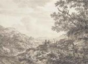 An Extensive Hilly Landscape With Figures Carrying Baskets, Acarriage On A Road