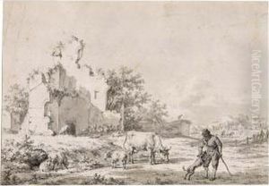 Landscape With A Peasant, His Dog And His Flocks By Ruins