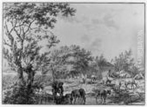A Herdsman Watering His Cattle Near A Farm