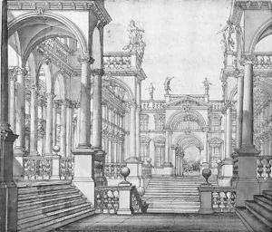 The courtyard of a palace with porticos surmounted by statues design for the stage by Giuseppe Galli Bibiena