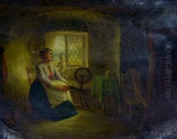 Woman Spinning Wool In A Coastal Cottage - view 1