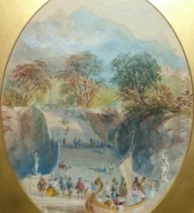 Figures In Fancy Dress, Arriving
 At A Ball In Anitalianate Landscape And Figures By A Walled European 
Town