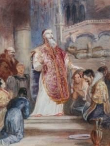 Watercolour, Abbey Interior Scene Withfigures, Unsigned, 5" X 4" by Charles Cattermole