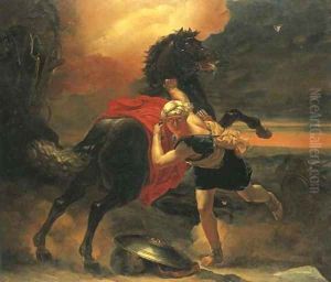 A turbanned soldier steadying a rearing horse frightened by a thunder storm