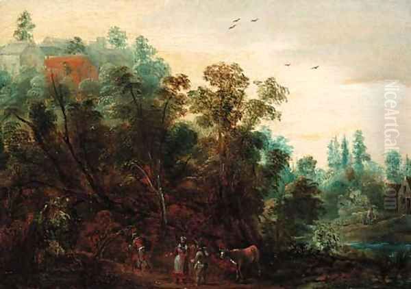 A wooded landscape with travellers on a path - view 1