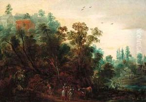 A wooded landscape with travellers on a path by Jacques Backereel