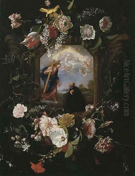 A floral garland surrounding a cartouche with the Vision of Saint Ignatius Loyola - view 1