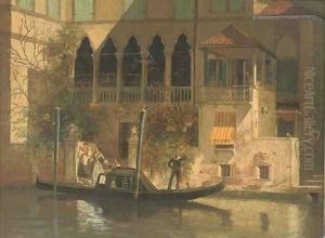A family embarking on a gondola ride by Johann Adolf Brandeis