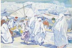 Scene Animee Sur Le Port D'alger. by Leon Cauvy